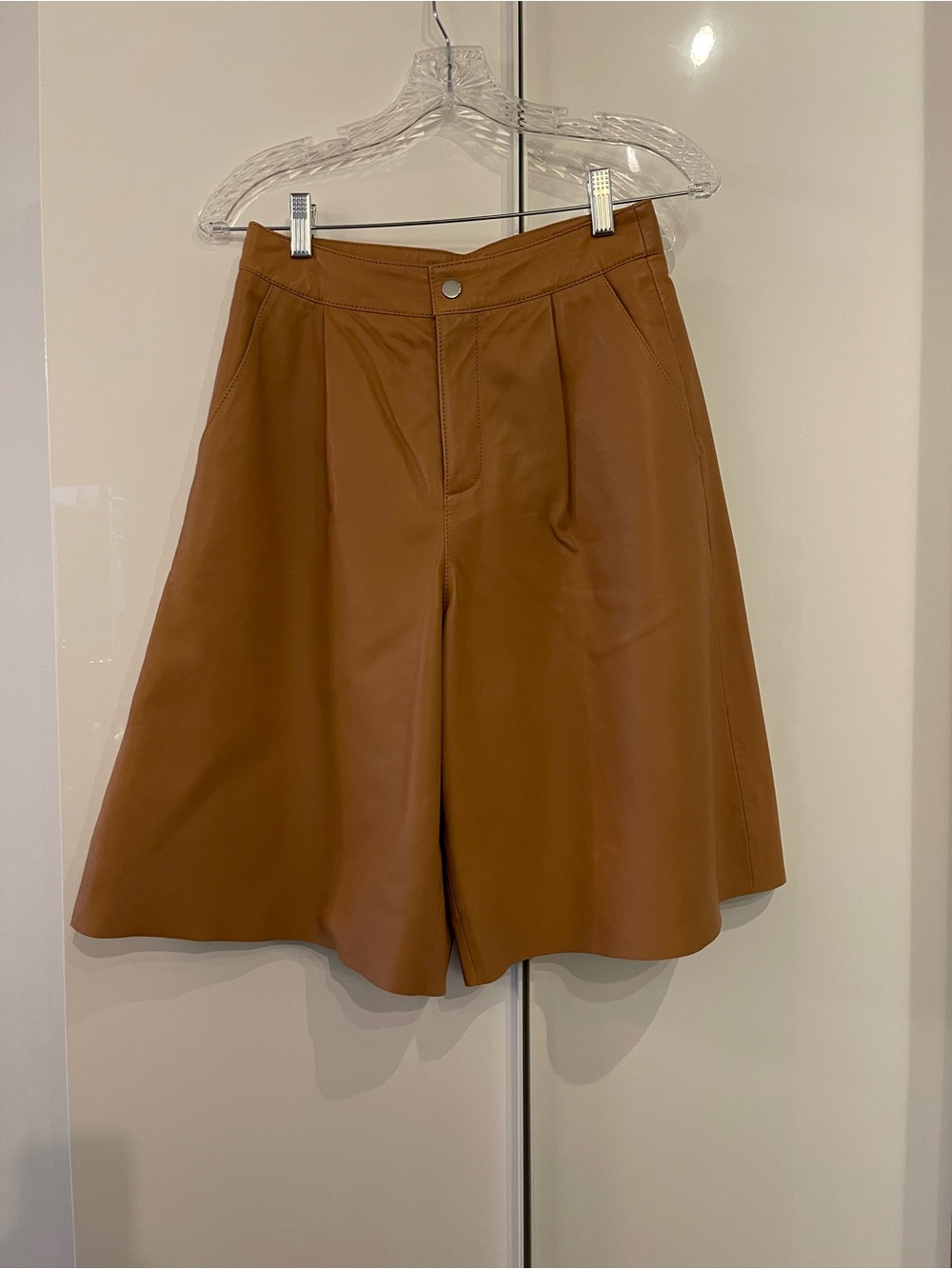 Topshop Lamb’s Leather A-Line Bermuda Shorts in Brown